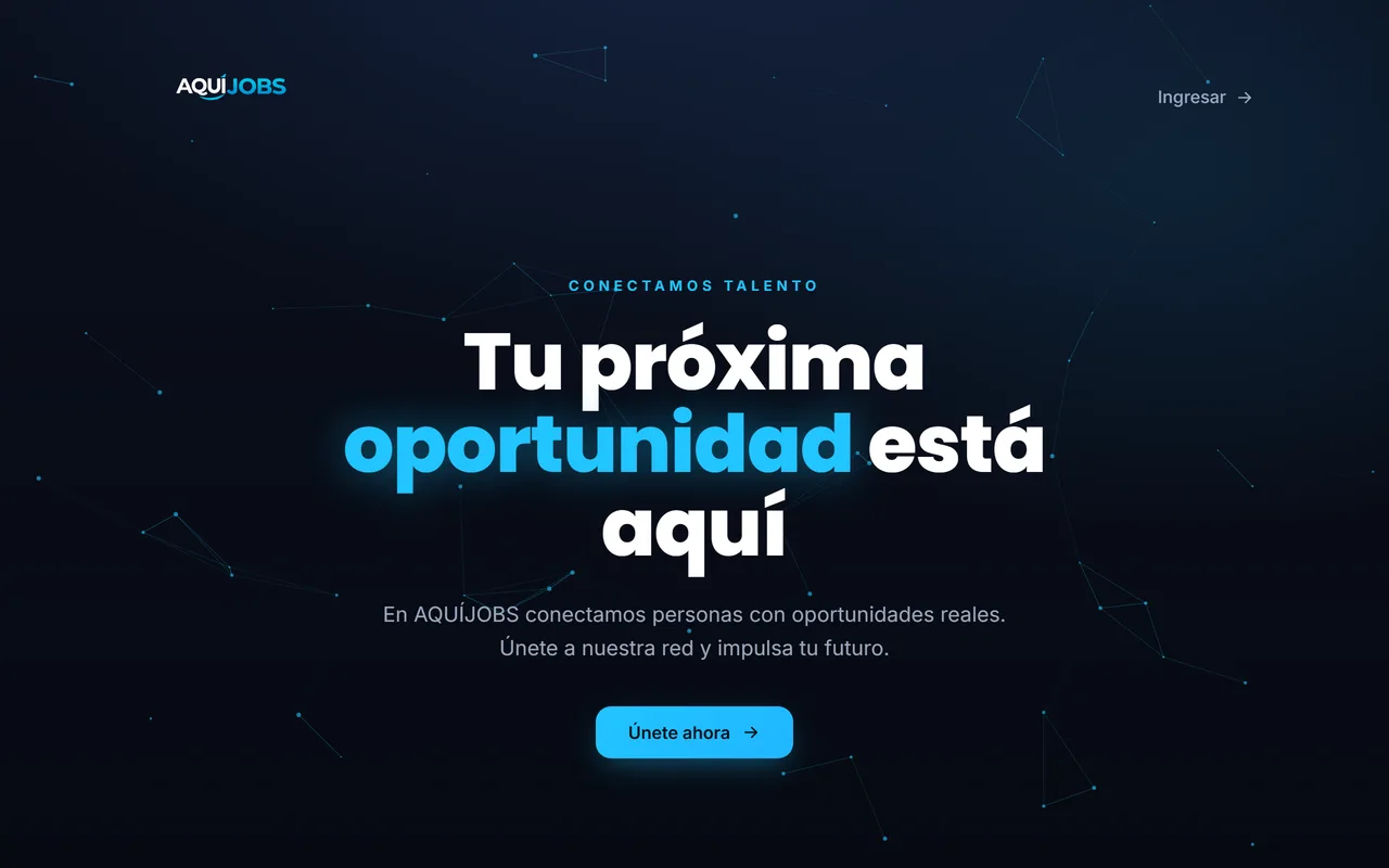 Portada de AQUÍJOBS sobre fondo oscuro con una red de nodos