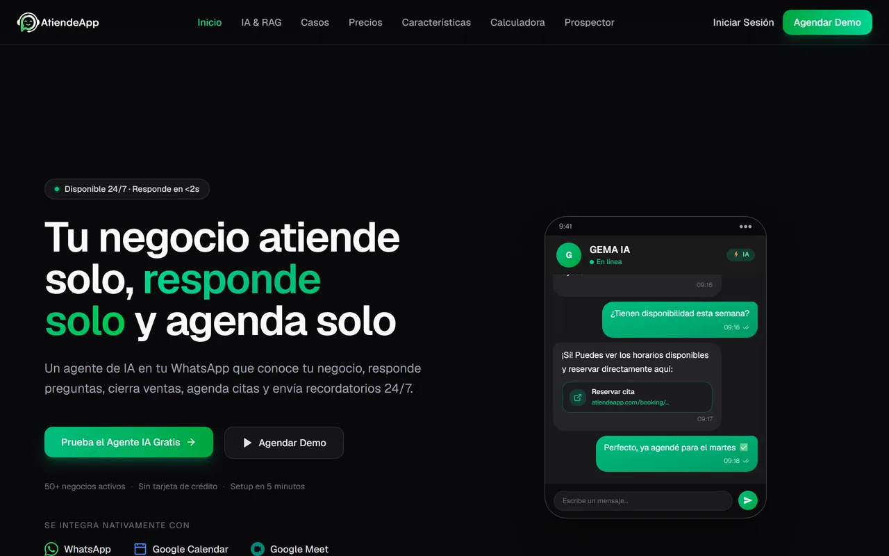 Landing de AtiendeApp mostrando una conversación de WhatsApp donde el agente de IA agenda una hora