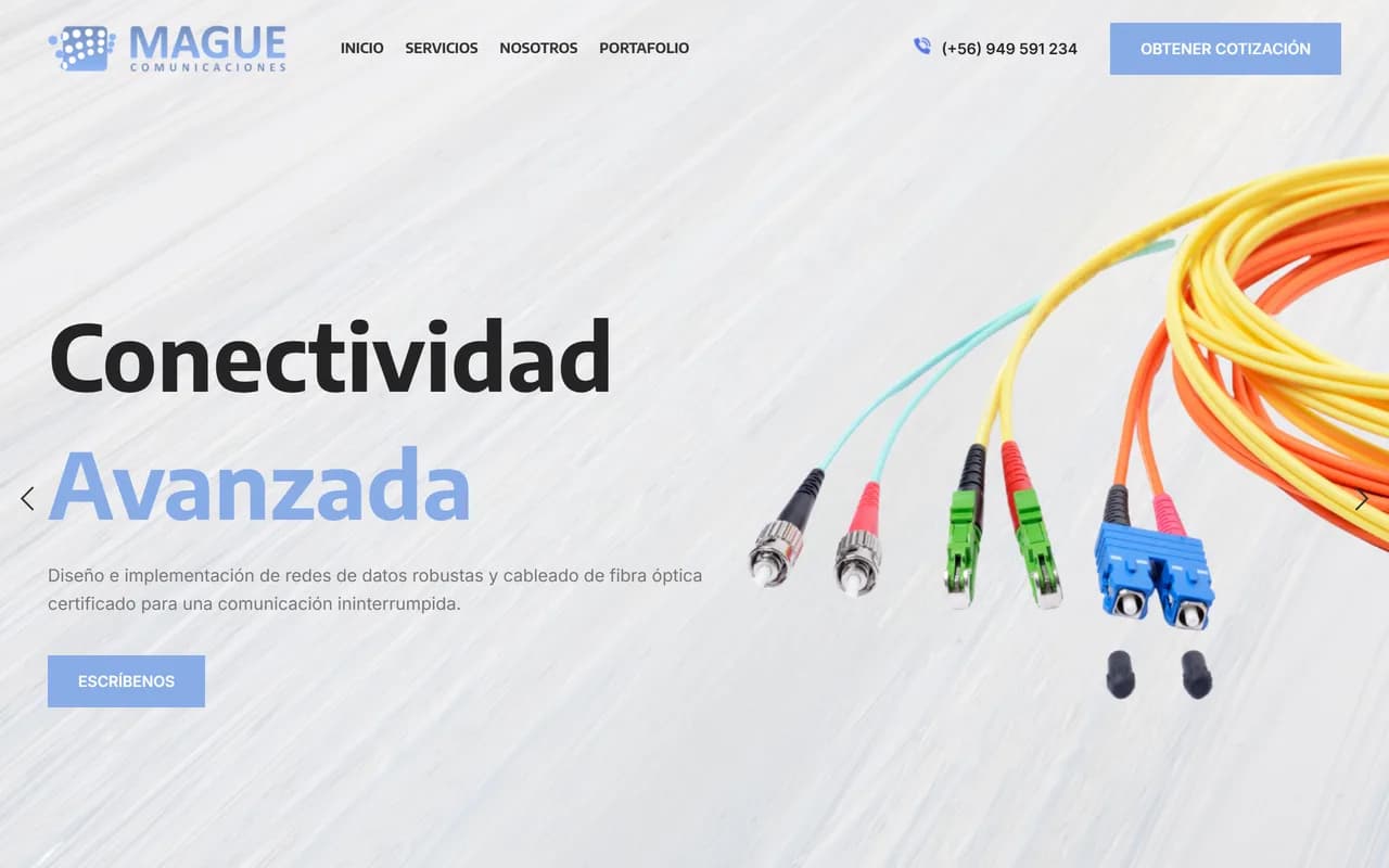 Portada de Mague Comunicaciones con conectores de fibra óptica