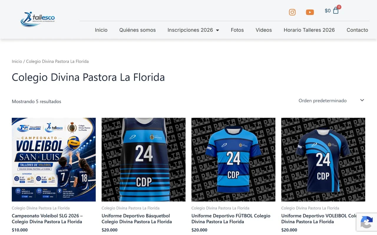 Página de establecimiento en Tallesco con los talleres y uniformes disponibles para matrícula