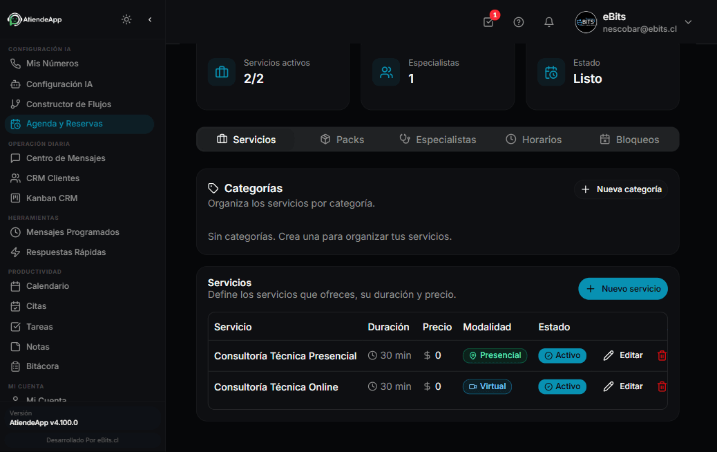 AtiendeApp — pantalla de agenda