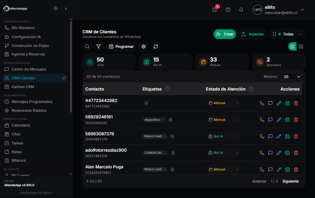 AtiendeApp — pantalla de crm